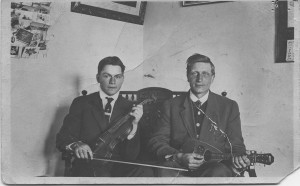 Fred Smith at age 26 (right) and friend with mandolin and fiddle. Photographer and date unknown.